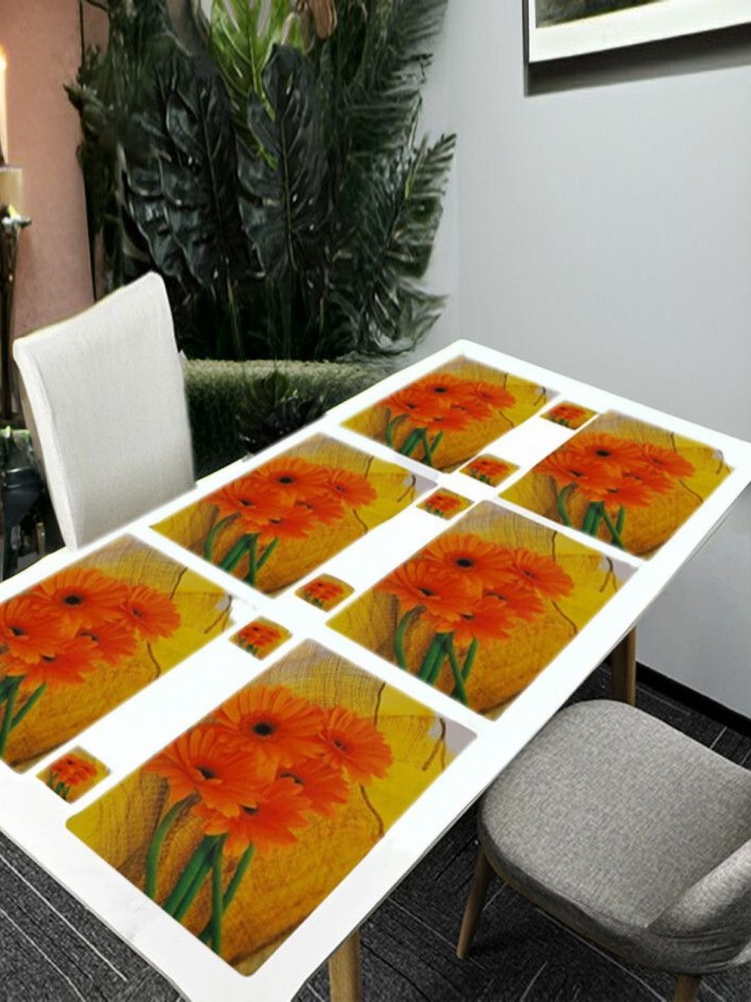 

REVEXO Orange 12 Pcs Floral Printed Rectangular Shaped Coasters & Table Placemats