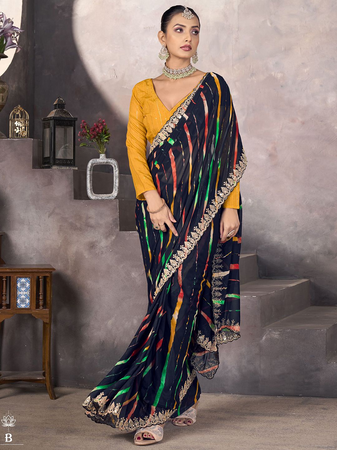 

Satrani Embroidered Sequinned Pure Georgette Leheriya Saree, Black