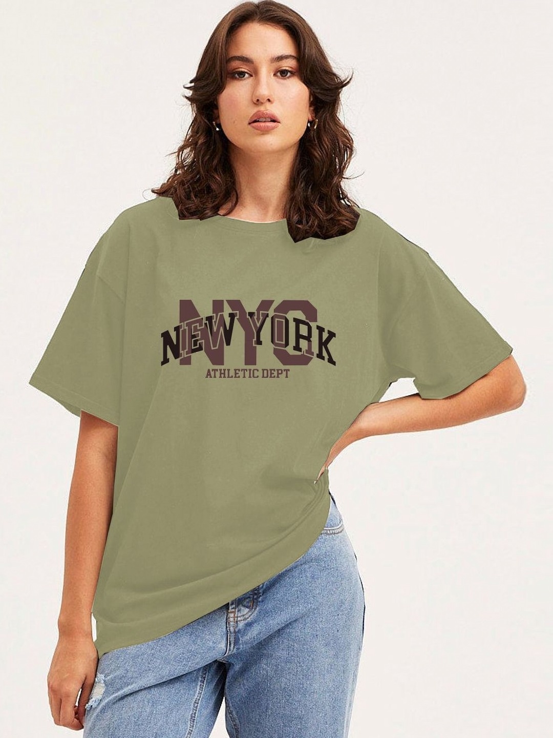 

Moda Rapido Women Typography Printed Round Neck Cotton Oversized T-shirt, Olive
