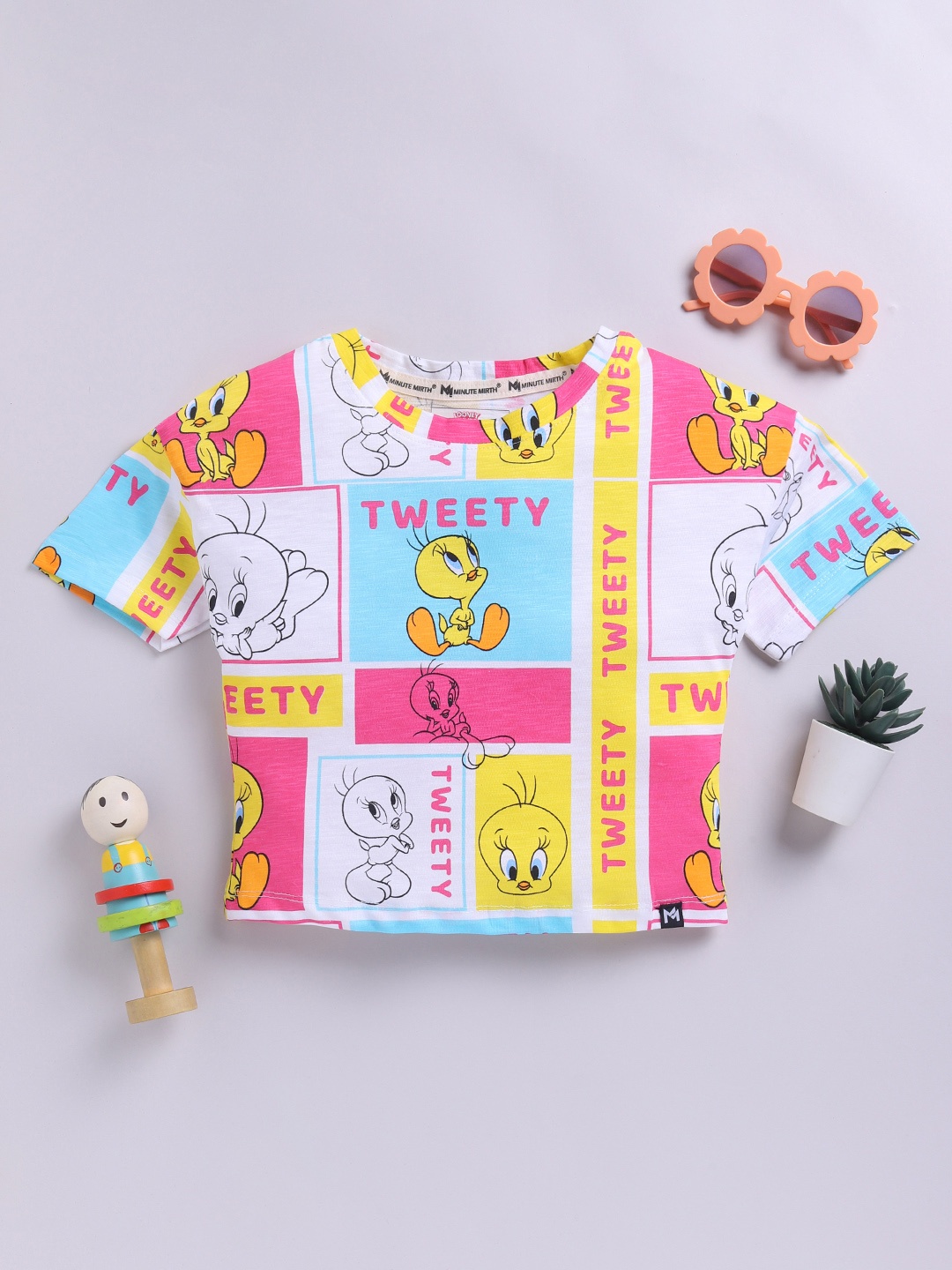 

YK X Minute Mirth Girls Tweety Printed Cotton Crop T-shirt, White