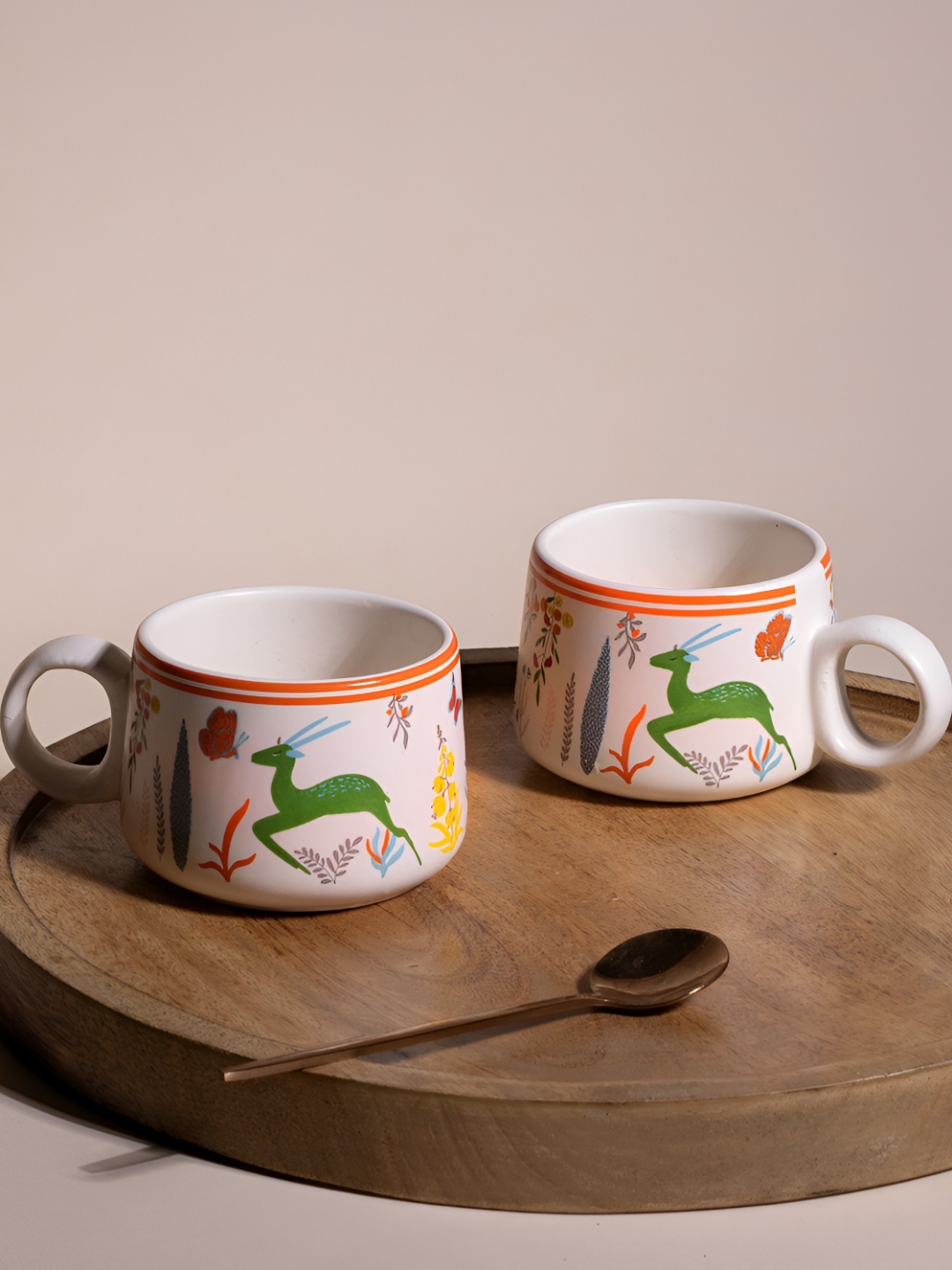 

Storepedia White & Green 2 Pieces Deer Printed Glossy Ceramic Tea Cups