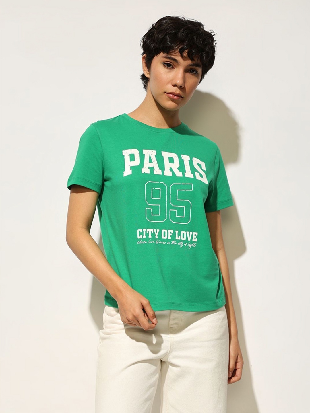 

ONLY Women Typography Printed Round Neck Cotton T-shirt, Green