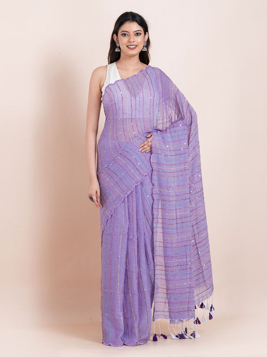 

ShopAaMe Striped Sequinned Pure Cotton Saree, Violet