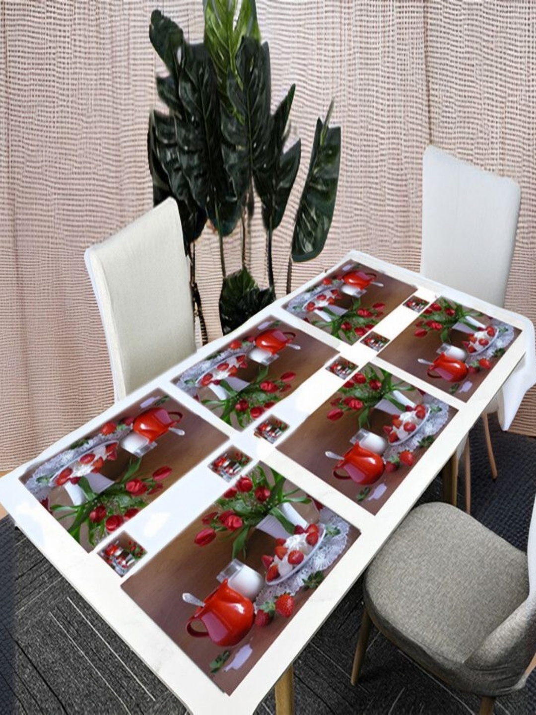 

REVEXO 12 Pcs Brown & Red Printed Table Placemats With Coasters