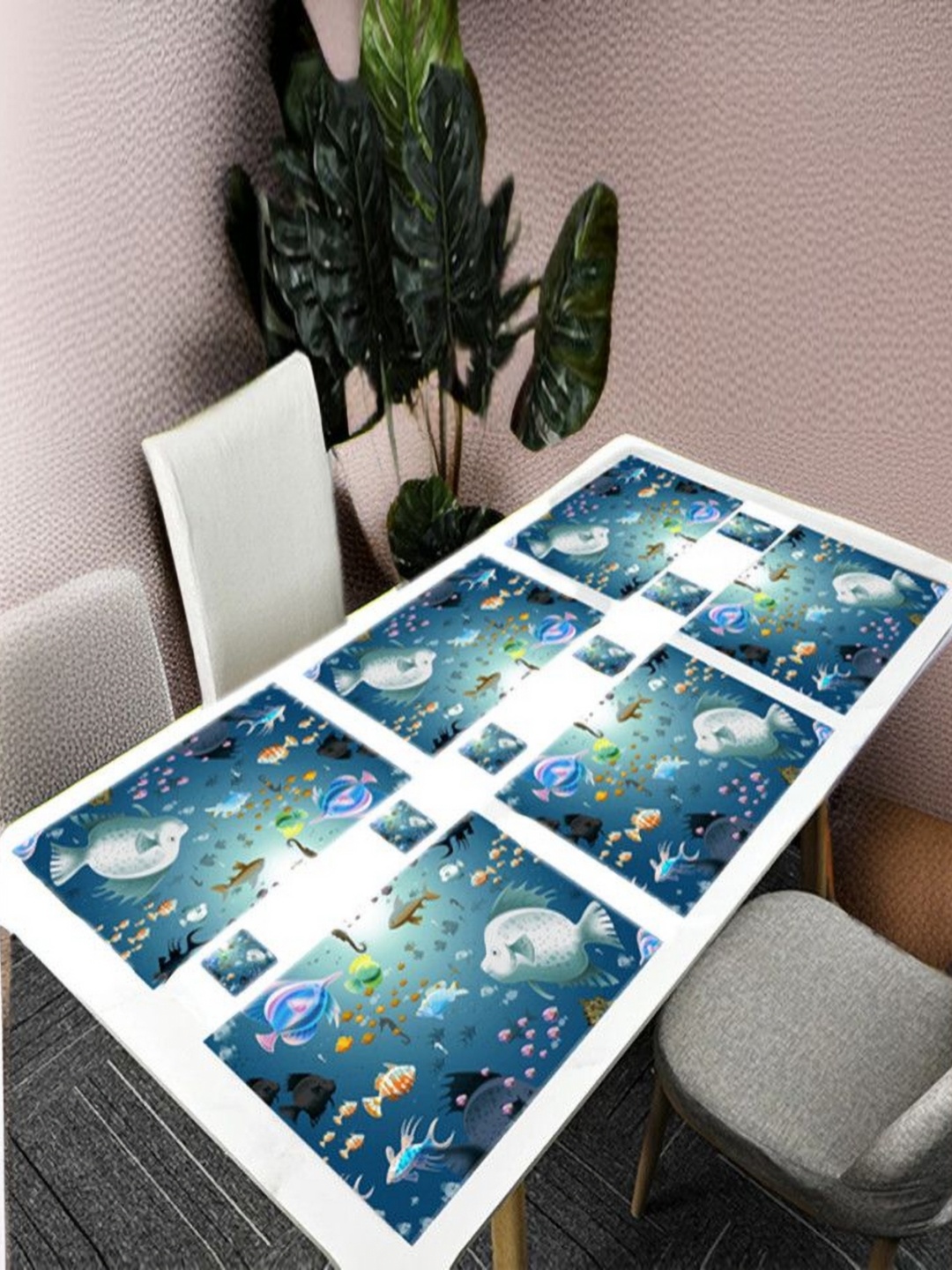 

REVEXO Blue & White 12 Pcs Printed Rectangular Shaped Coasters & Table Placemats