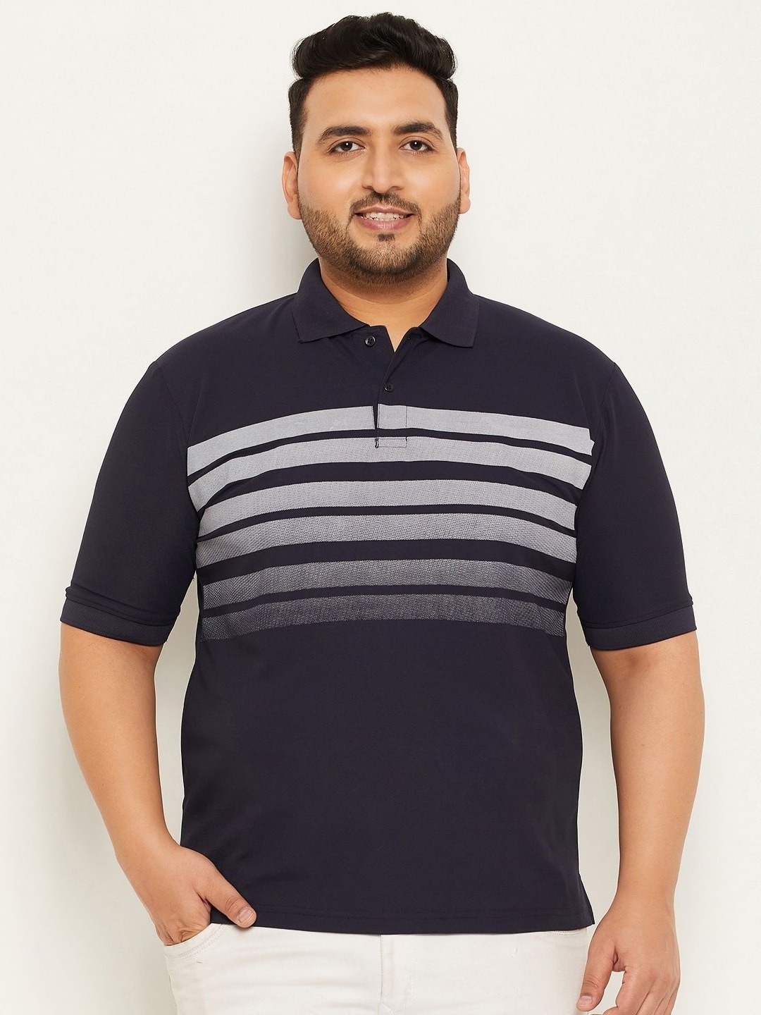 

RENUOVO Men Plus Size Striped Polo Collar Cotton T-shirt, Navy blue