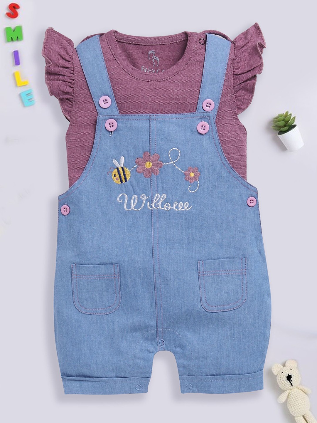 

BABY GO Girls Embroidered Romper With T-Shirt, Blue