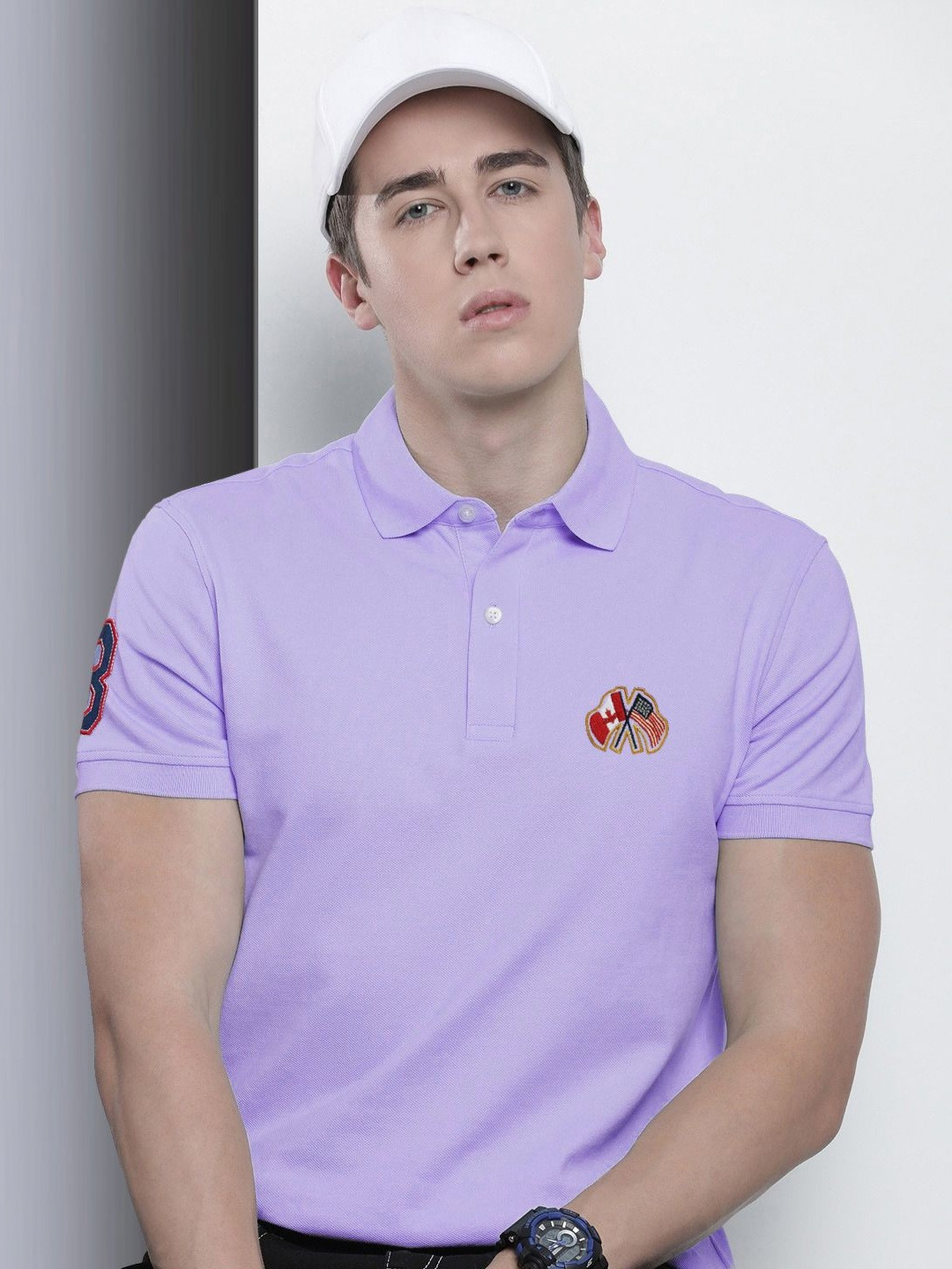 

MERRIMENT Men Solid Polo Collar Cotton T-shirt, Lavender