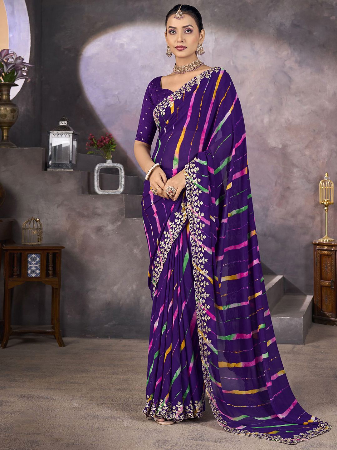 

Satrani Leheriya Sequinned Pure Georgette Leheriya Saree, Purple