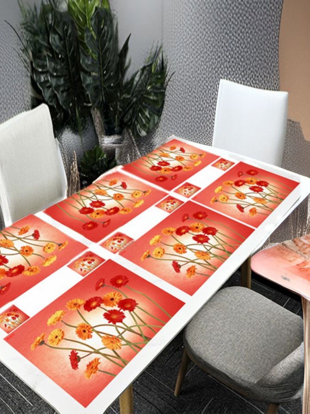 

REVEXO Red 12 Pcs Floral Printed Rectangular Shaped Coasters & Table Placemats