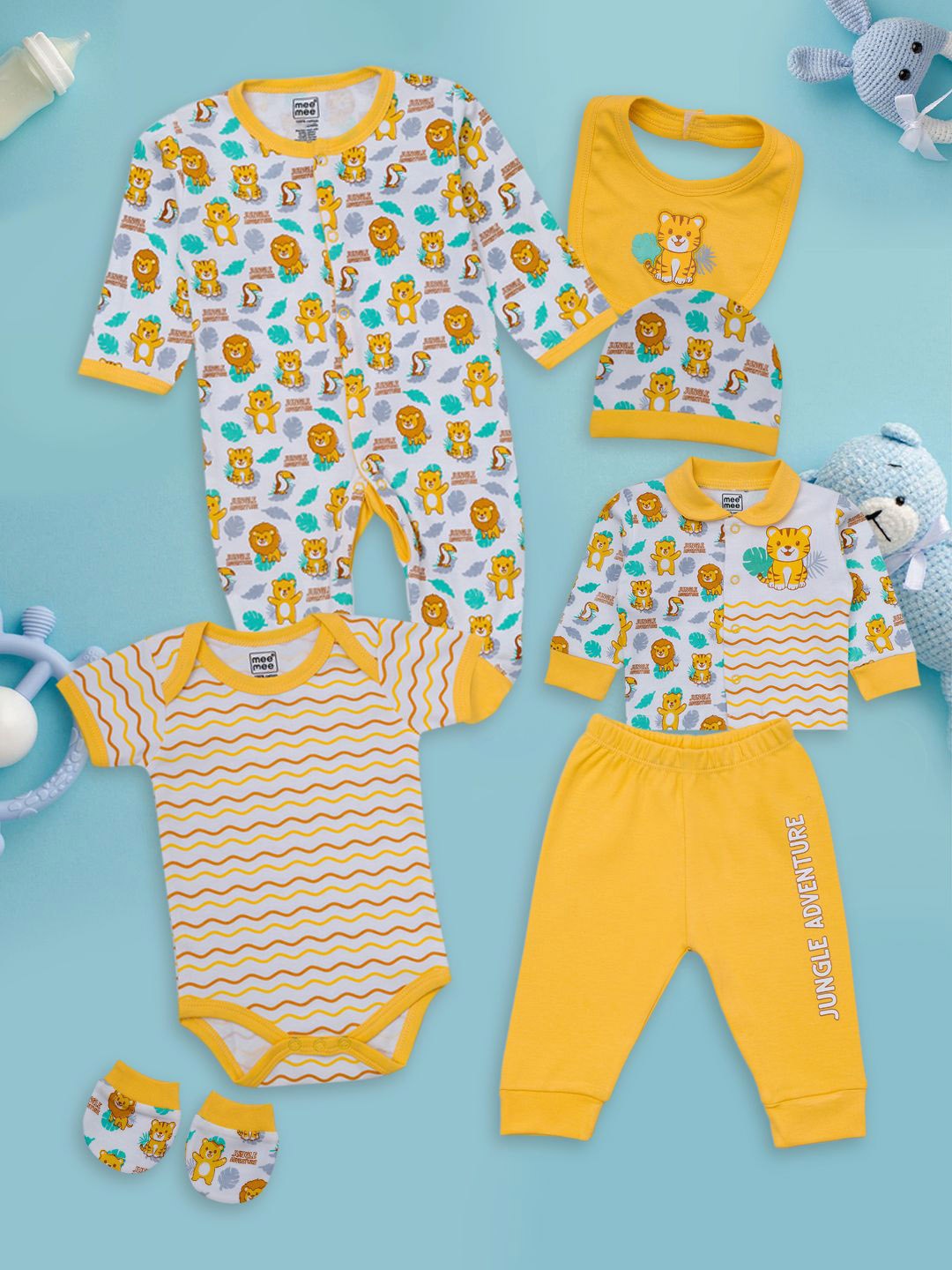 

MeeMee Infants 7-Pcs Printed Pure Cotton Baby Apparel Gift Set, Yellow