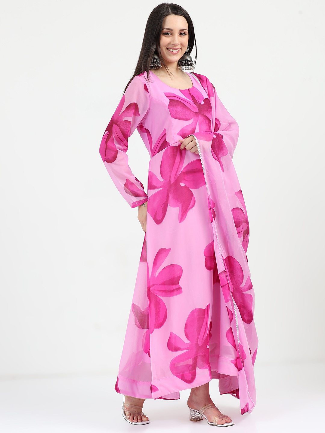 

Jash Creation Floral Printed Maxi Dress With Dupatta, Pink