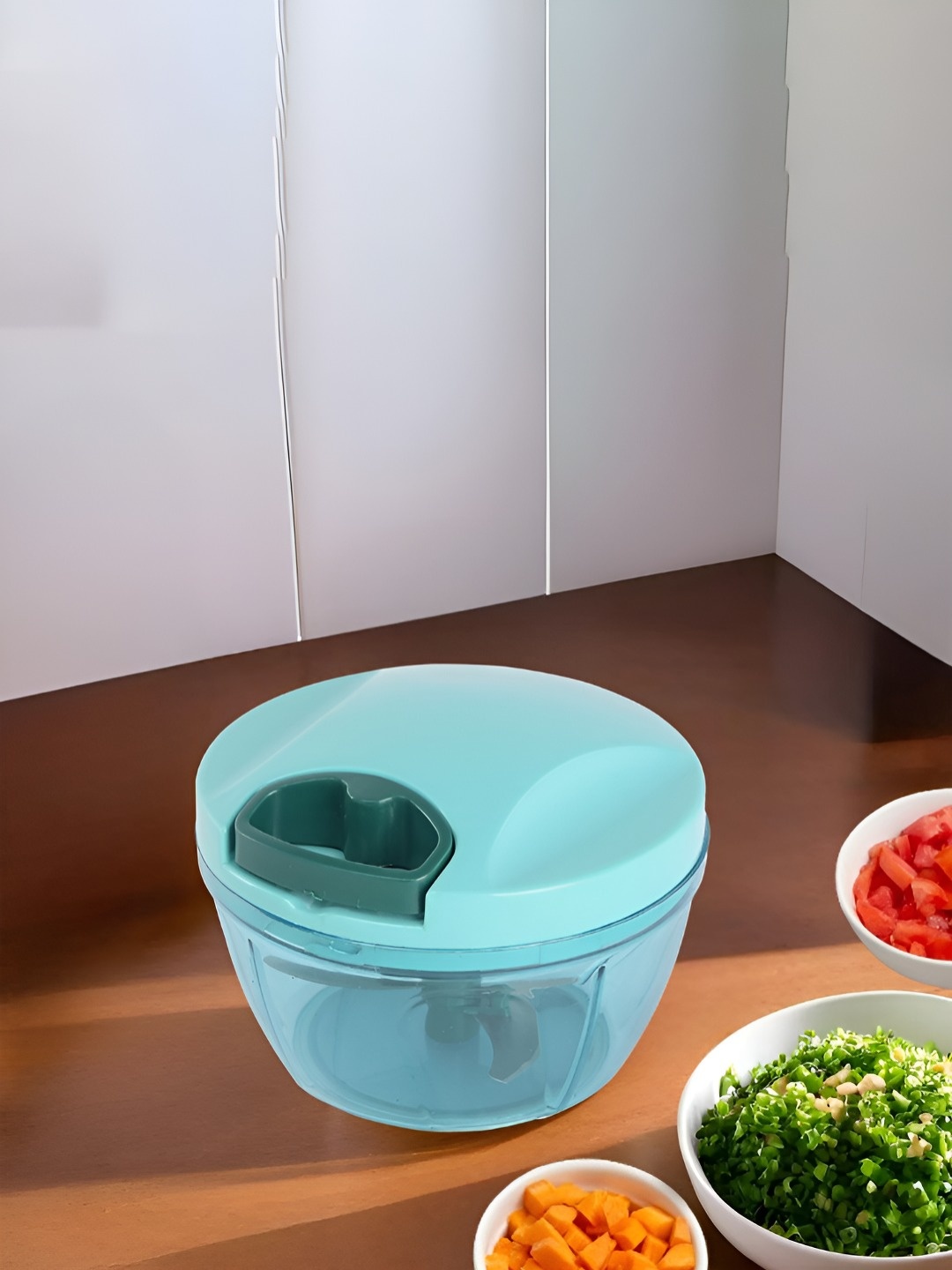 

Kuber Industries Green & Transparent Vegetable Chopper With 3 Steel Blades 350ml