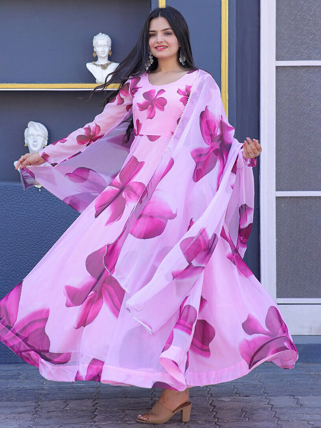 

Jash Creation Women Floral Printed Fit and Flare Maxi Dress With Dupatta, Pink