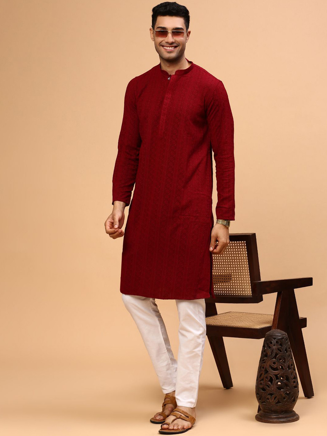

CS EL Pure Cotton Mandarin Collar Straight Kurta, Maroon