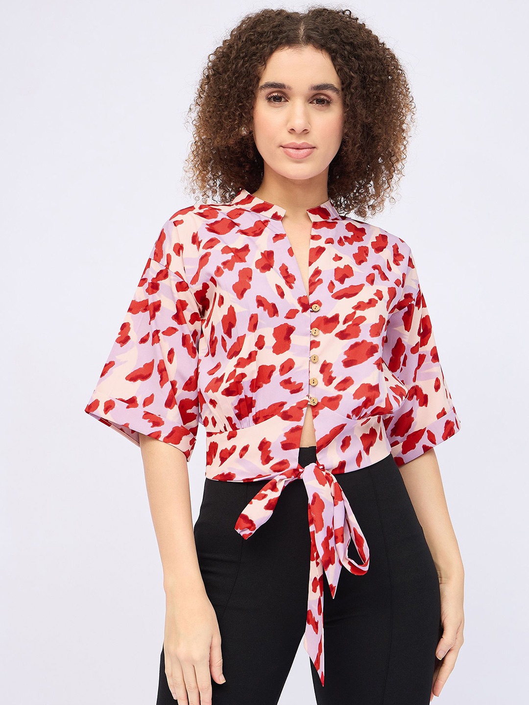 

DressBerry Print Mandarin Collar Shirt Style Top, Red