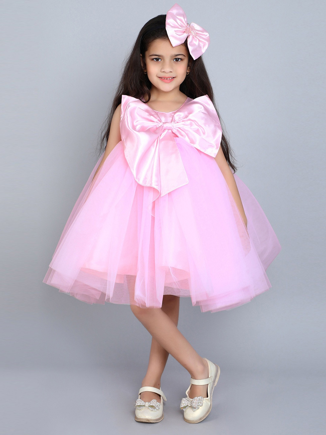 

Pink Chick Girls Solid Round Neck Sleeveless Fit & Flare Bow Dress