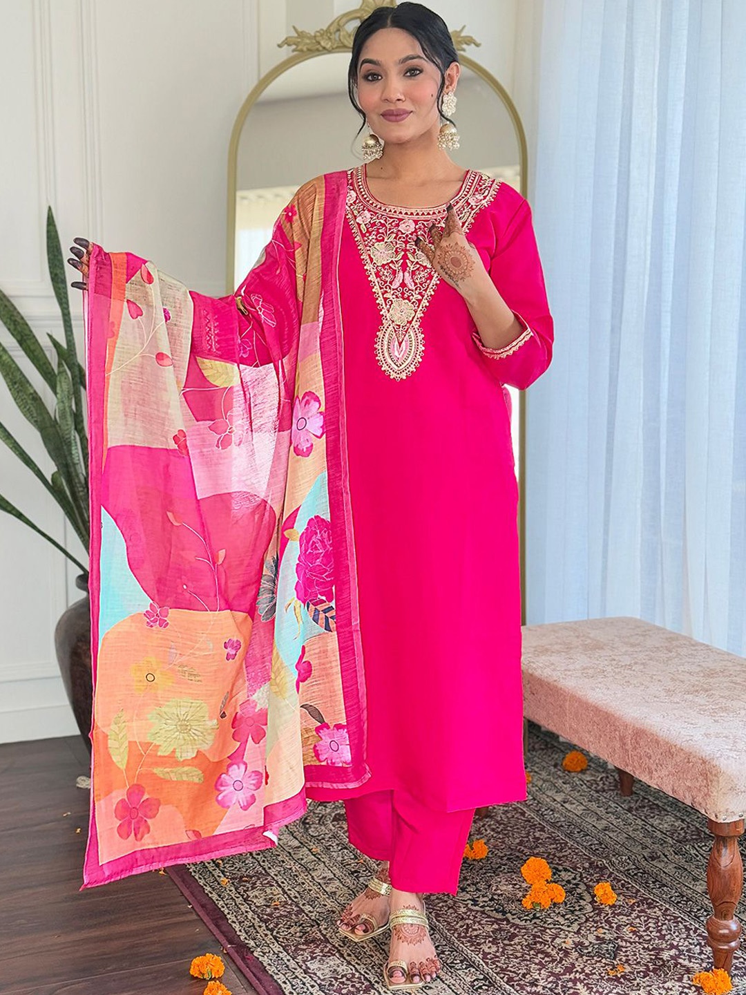 

KALINI Zari Embellished V-Neck Straight Kurta With Trousers & Dupatta, Pink