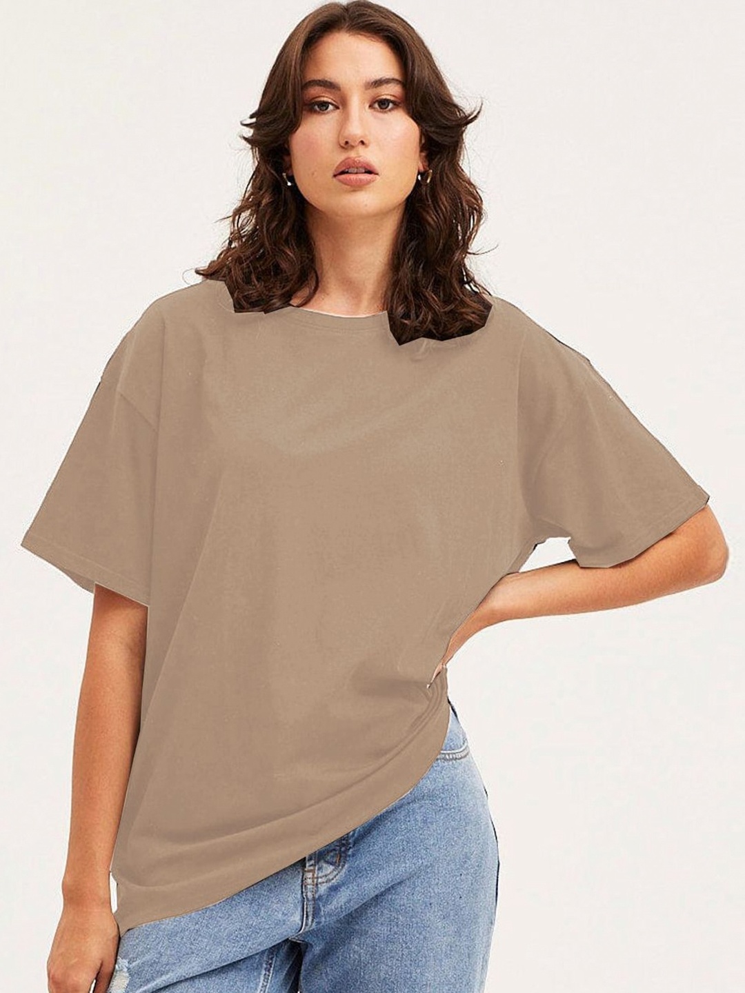 

Moda Rapido Women Solid Round Neck Cotton Oversized T-shirt, Beige