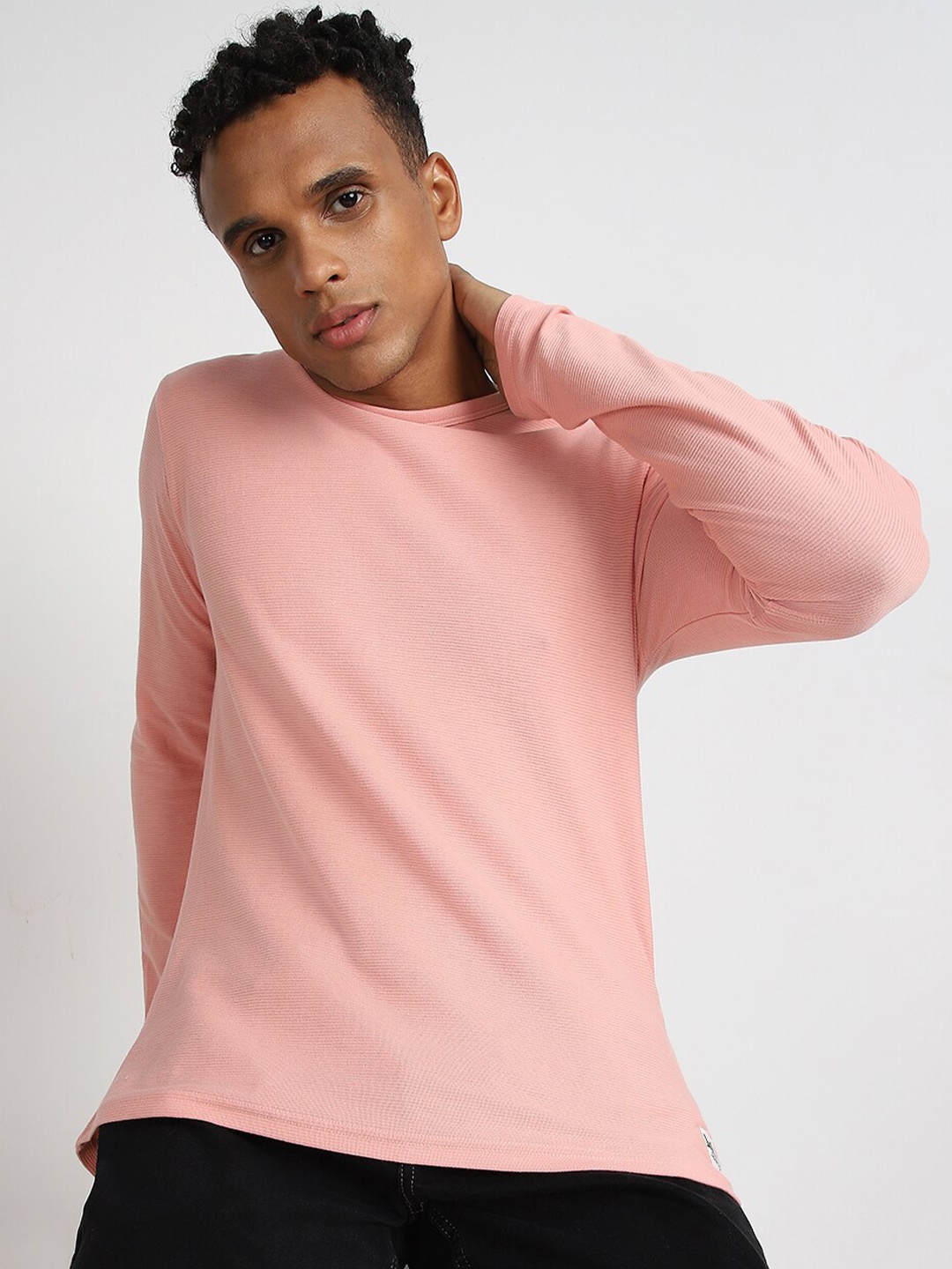 

Lee Men Round Neck Long Sleeves Slim Fit Cotton T-shirt, Pink