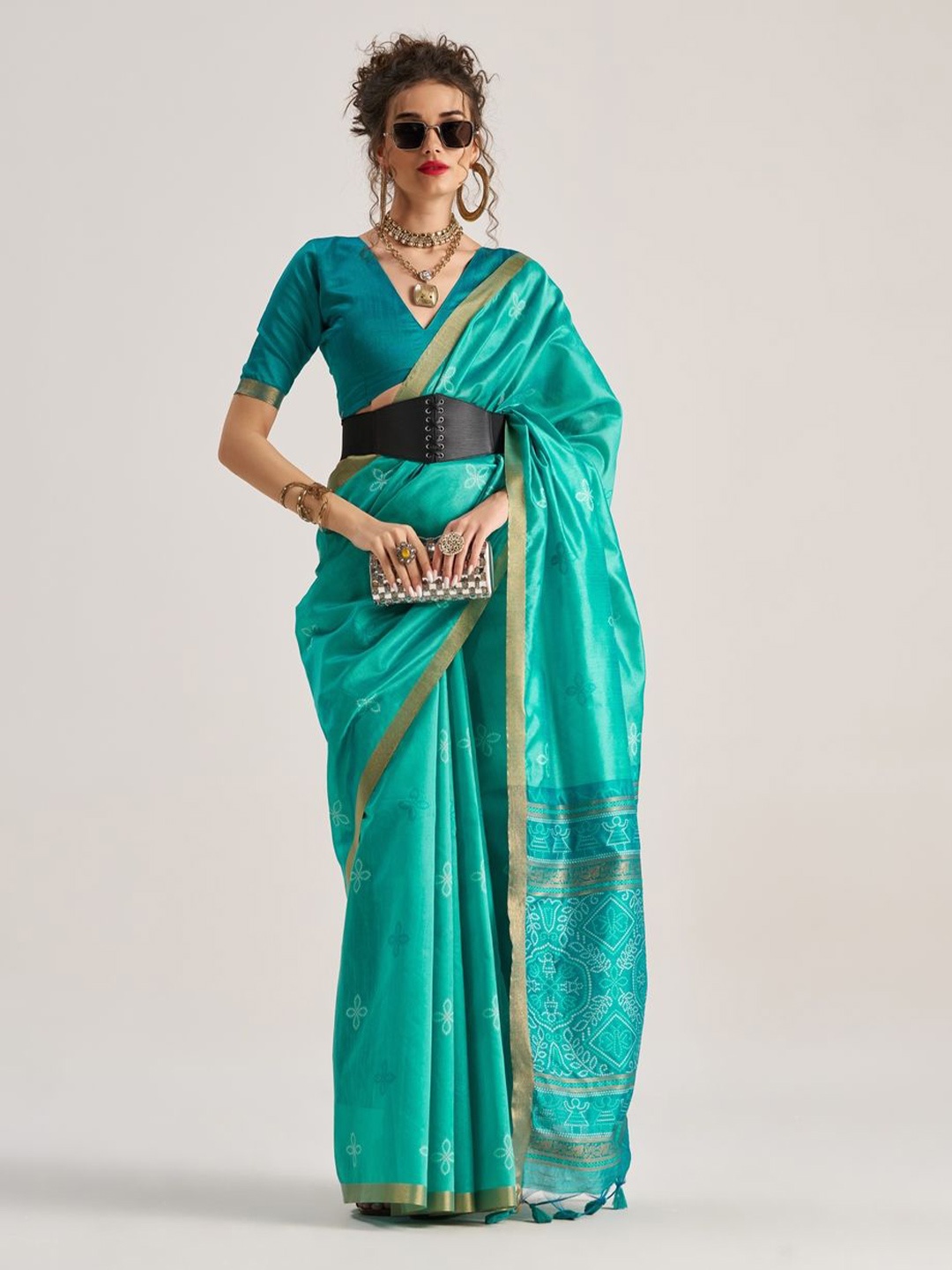 

Suha Bandhni Printed Zari Saree, Green