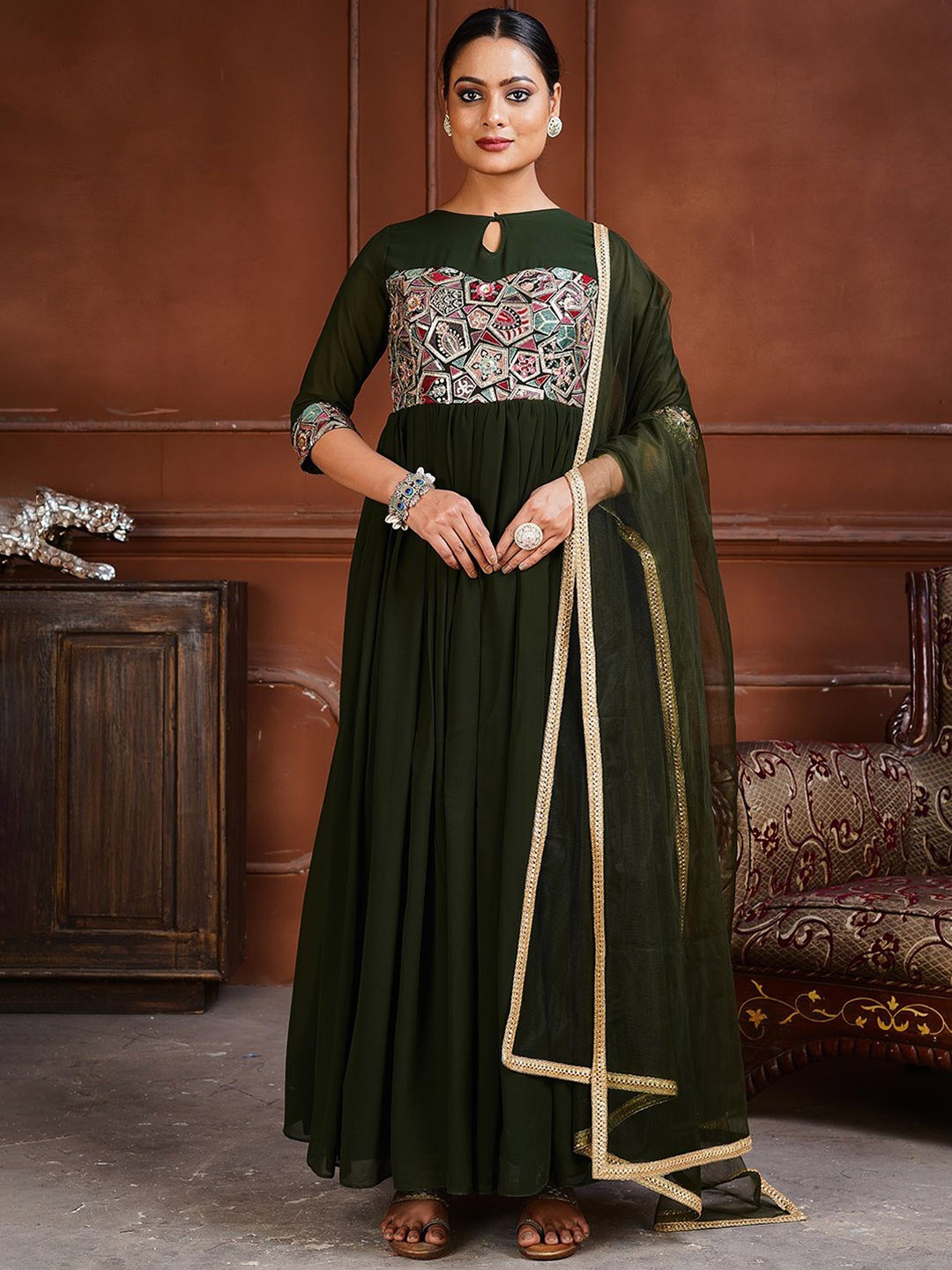 

flaher Women Embroidered Fit & Flared A-Line Maxi Ethnic Dresses, Green