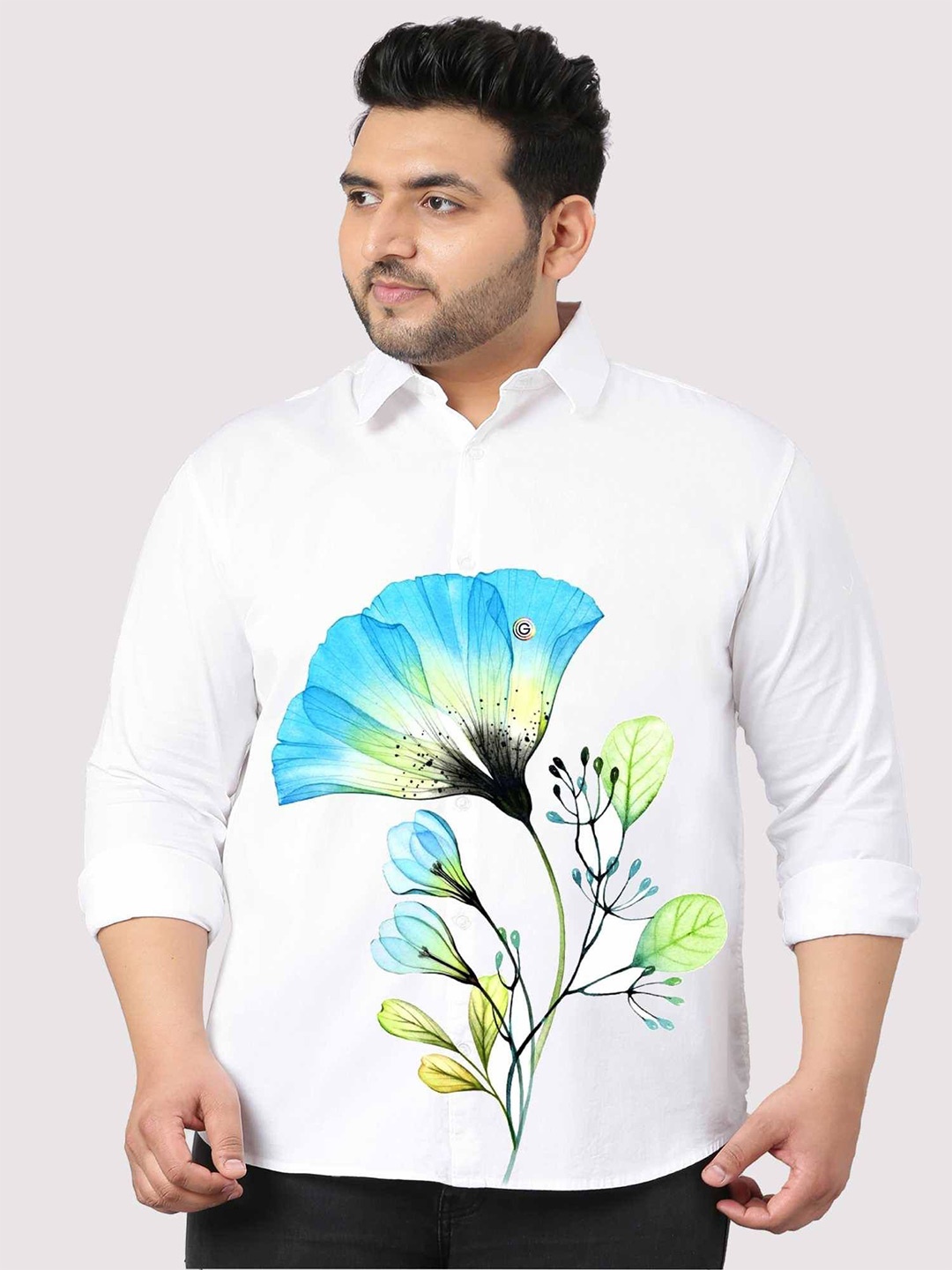 

Guniaa Men Plus Size Classic Fit Spread Collar Floral Printed Cotton Party Shirt, White
