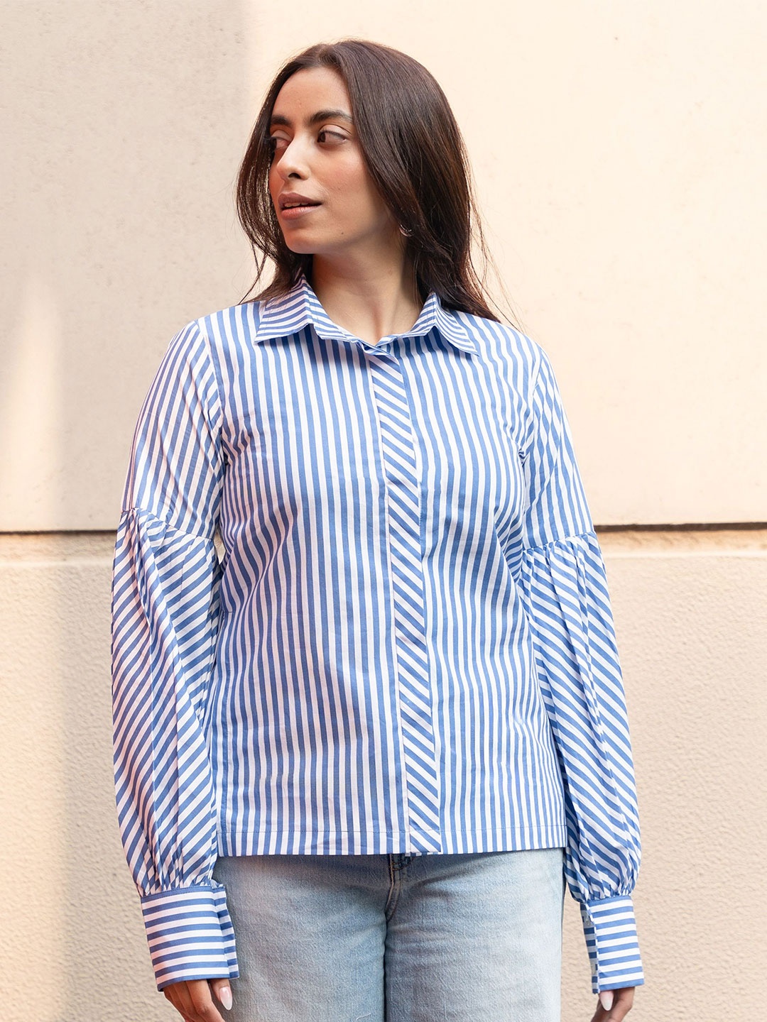 

GULABOSITABO Women Pure Cotton Striped Cuffed Sleeves Cotton Shirt Style Top, Blue