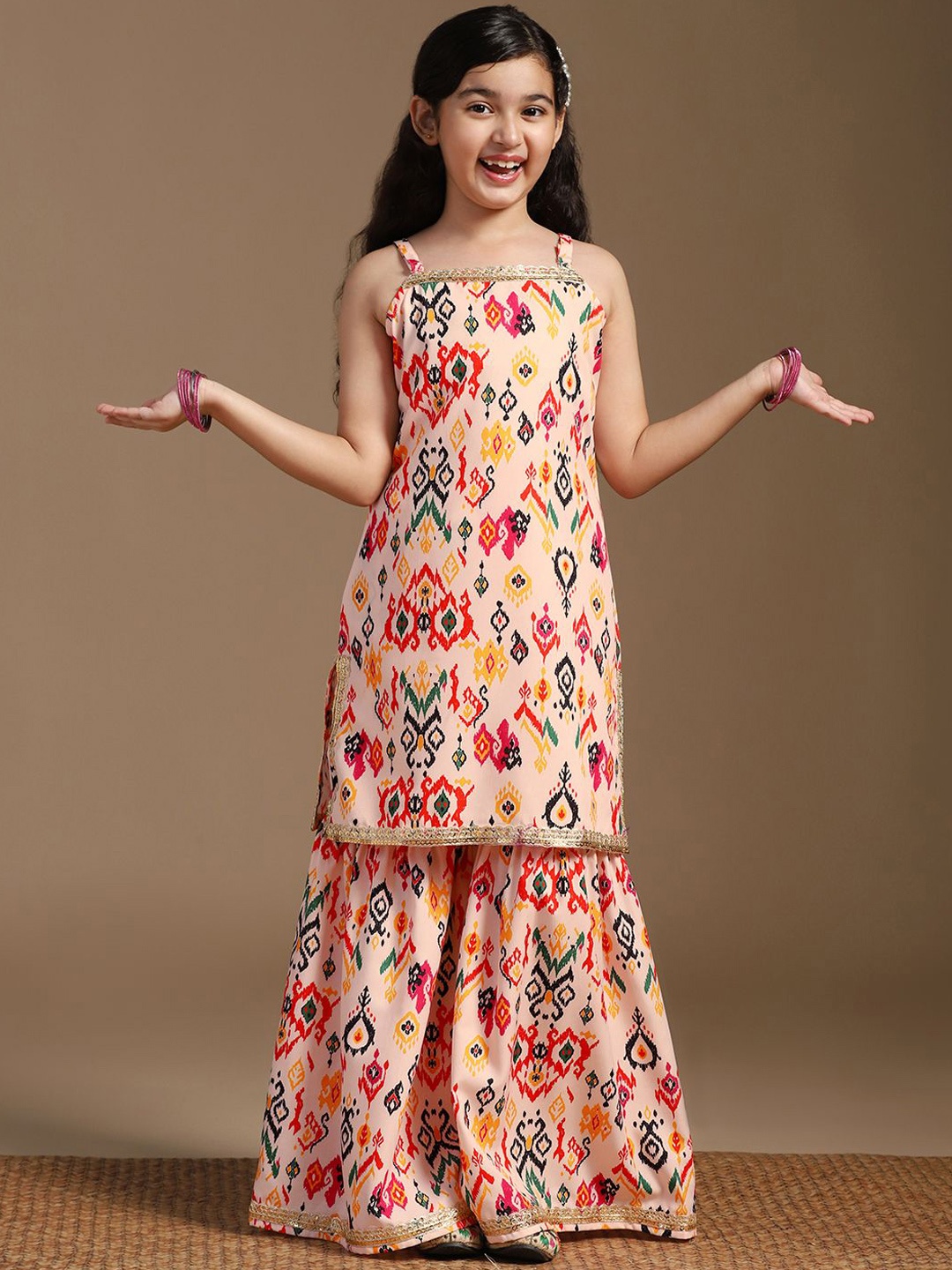 

Sangria Girls Abstract Printed Sequinned Straight Kurta With Sharara, Beige