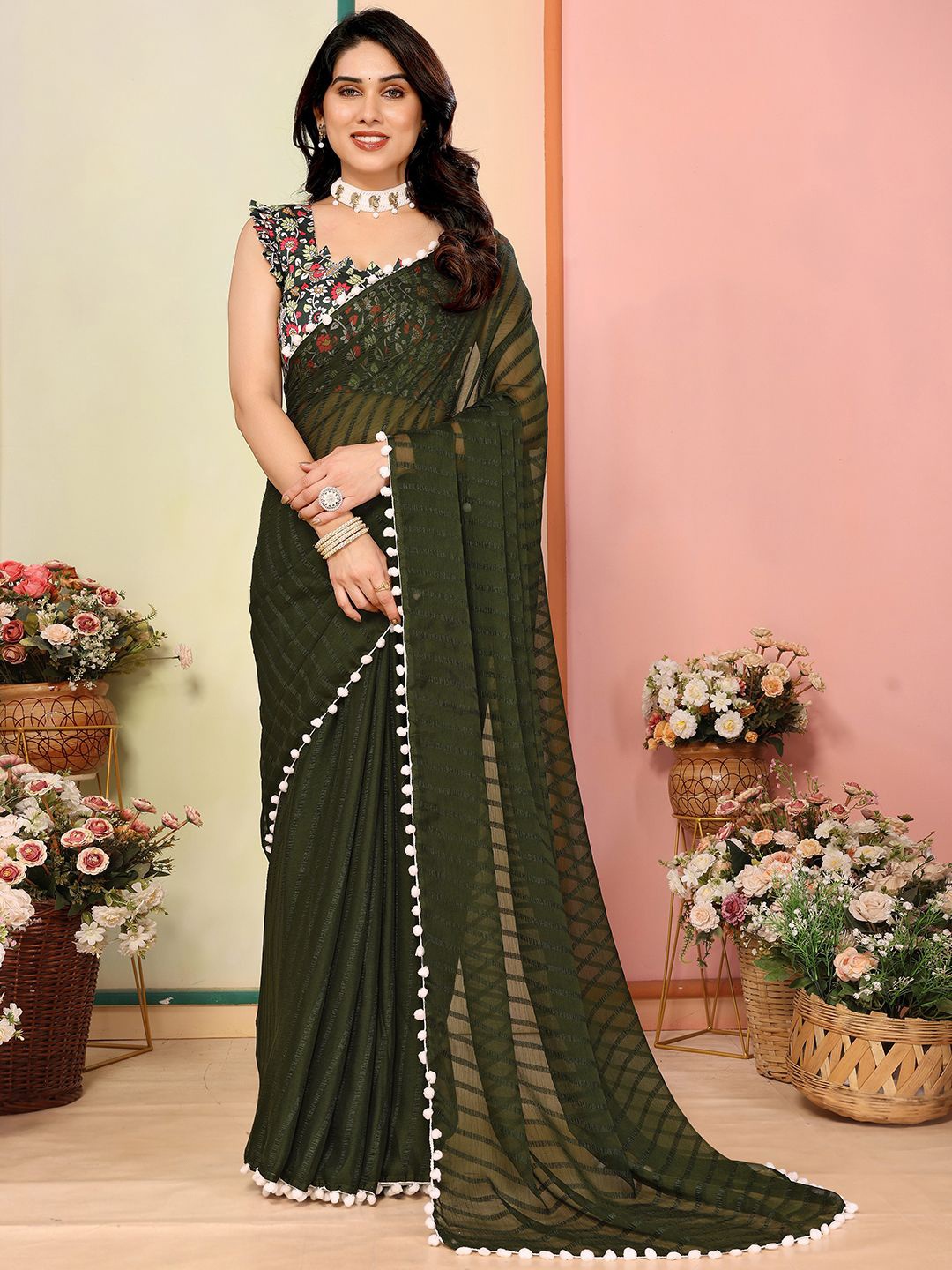 

DIVASTRI Striped Embroidered Poly Georgette Saree, Green