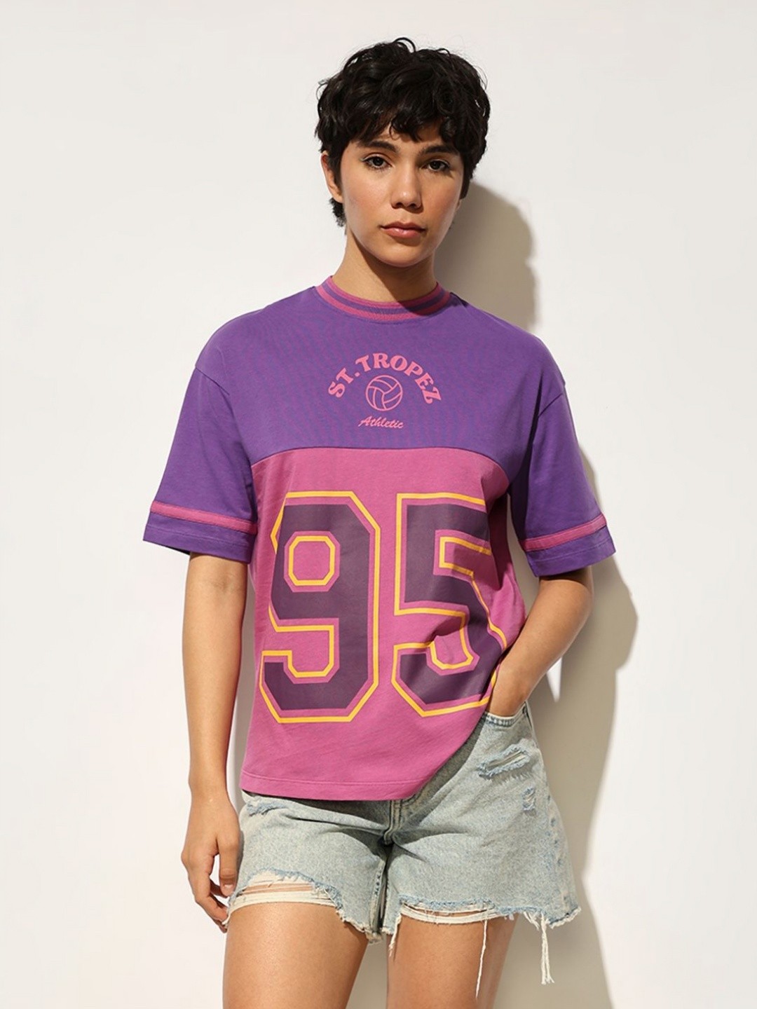 

ONLY Women Varsity Printed Round Neck Cotton T-shirt, Purple