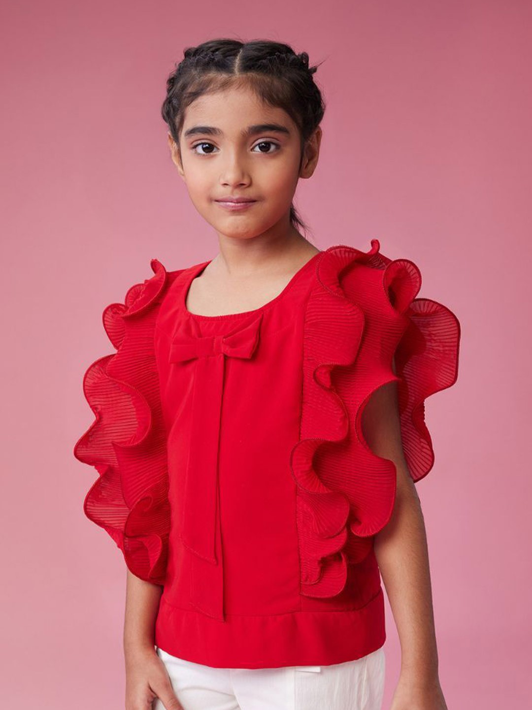 

MASTARANG Girls Top With Frilled At Sleeve And Bow Detail, Red