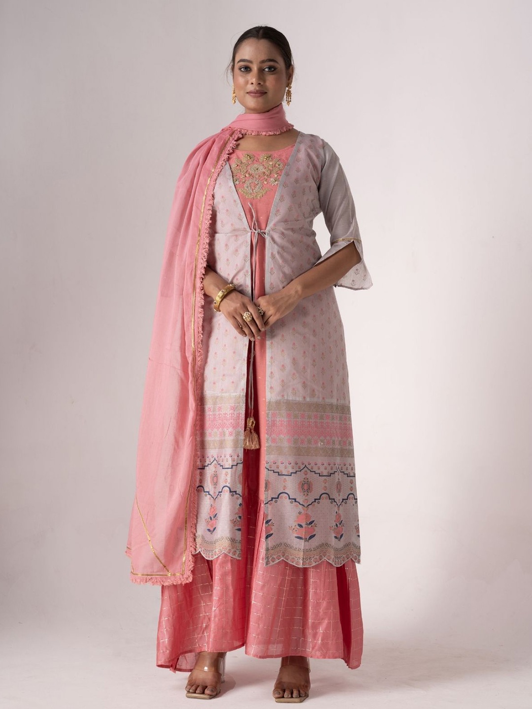 

ODETTE Printed & Embroidered Semi-Stitched Dress Material, Pink