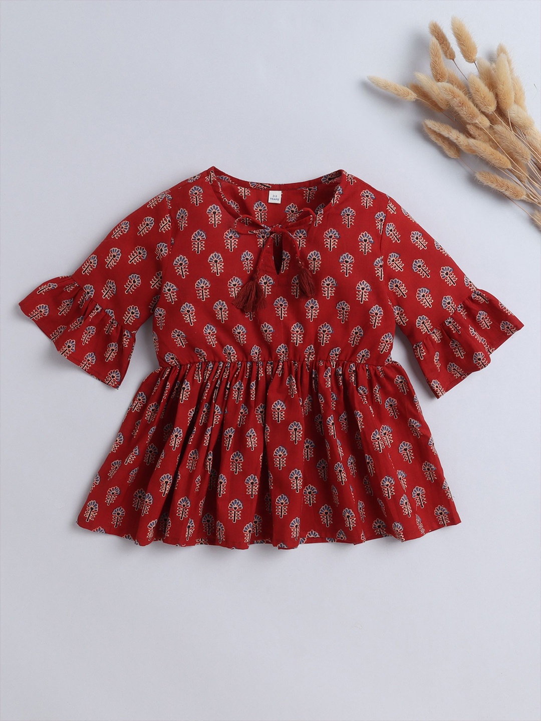 

The Magic Wand Girls Floral Printed Cotton Empire Top, Maroon