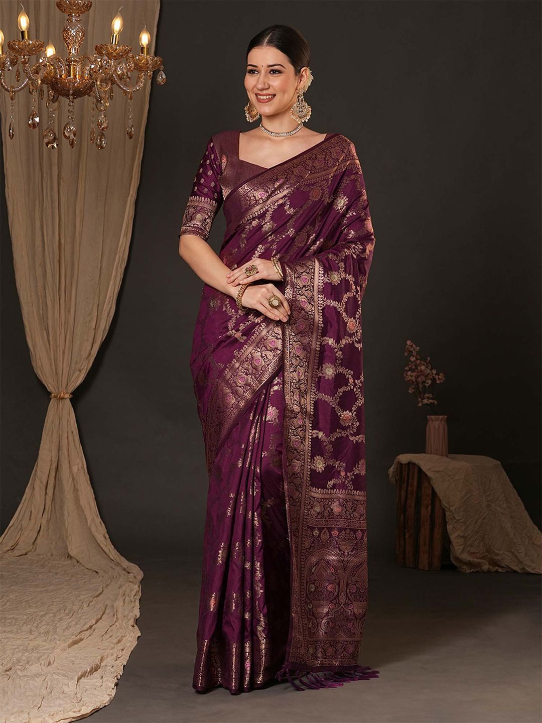 

Anouk Woven Design Zari Silk Blend Banarasi Saree, Purple