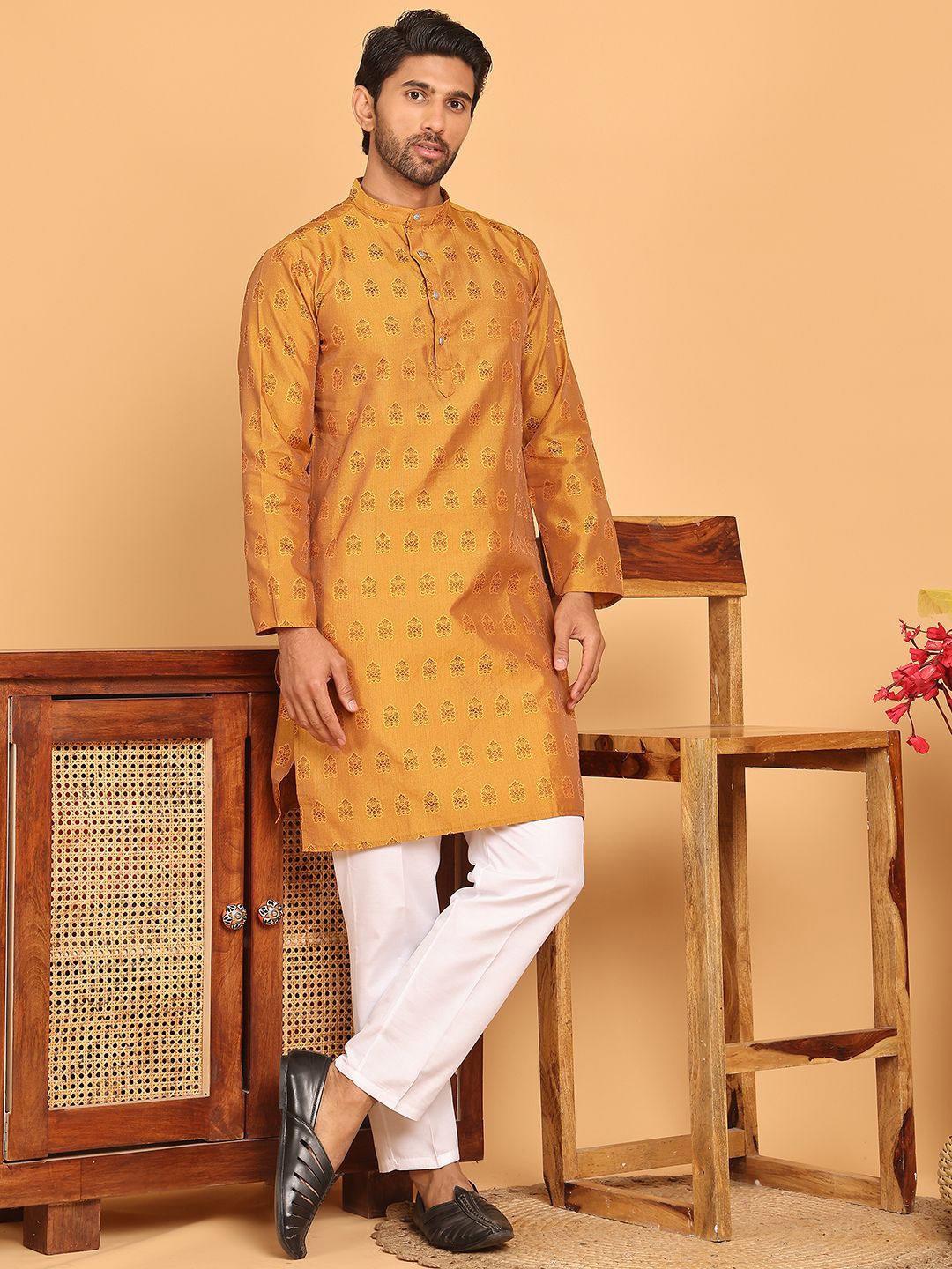 

Anouk Mustard Ethnic Motifs Woven Design Mandarin Collar Kurta with Pyjamas