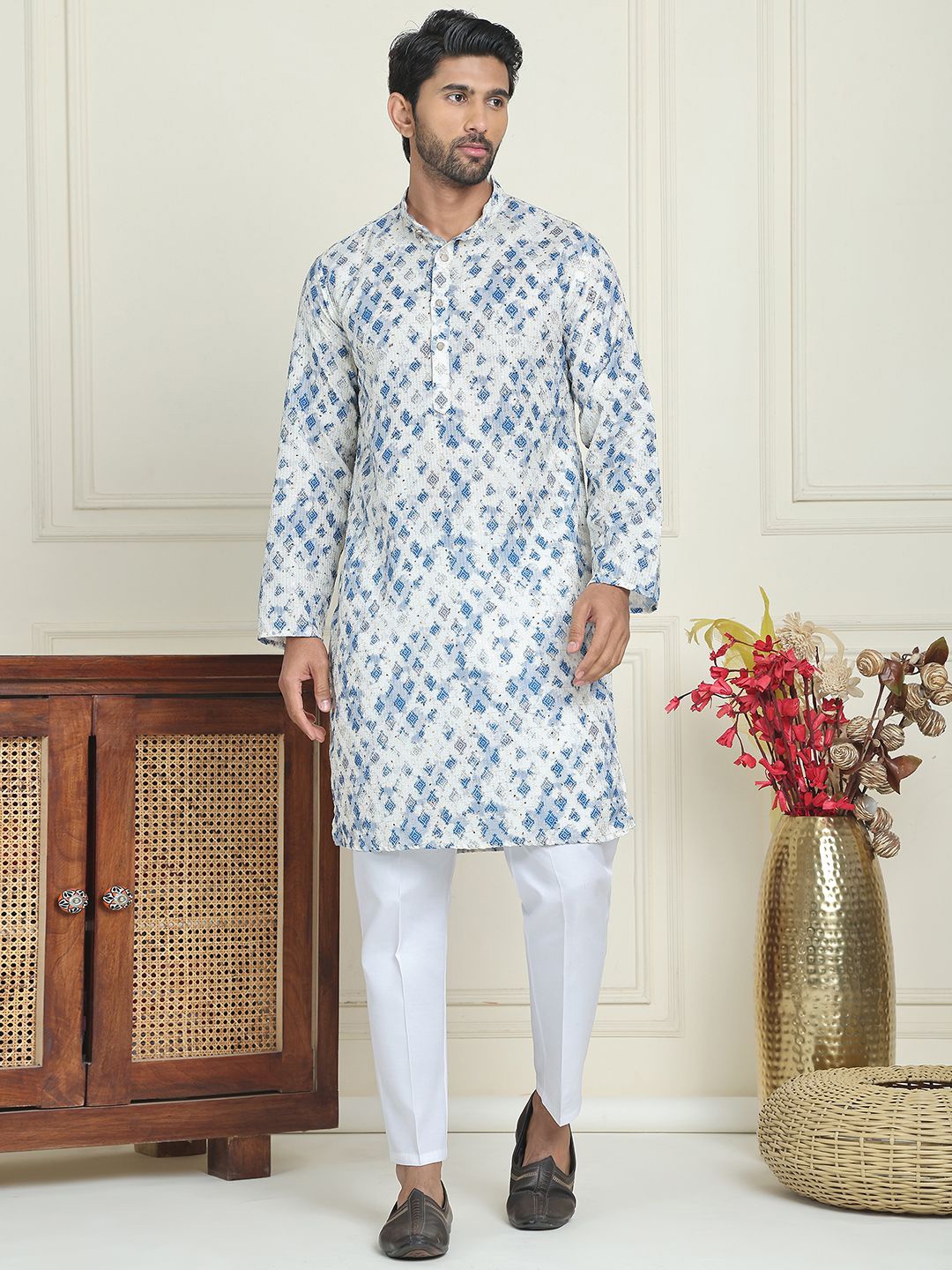 

Anouk Blue Geomteric Printed Mandarin Collar Sequinned Kurta With Pyjamas