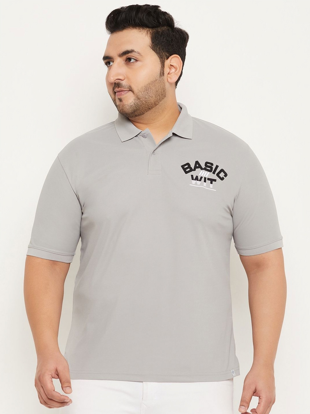 

RENUOVO Men Plus Size Typography Printed Polo Collar Cotton T-shirt, Grey