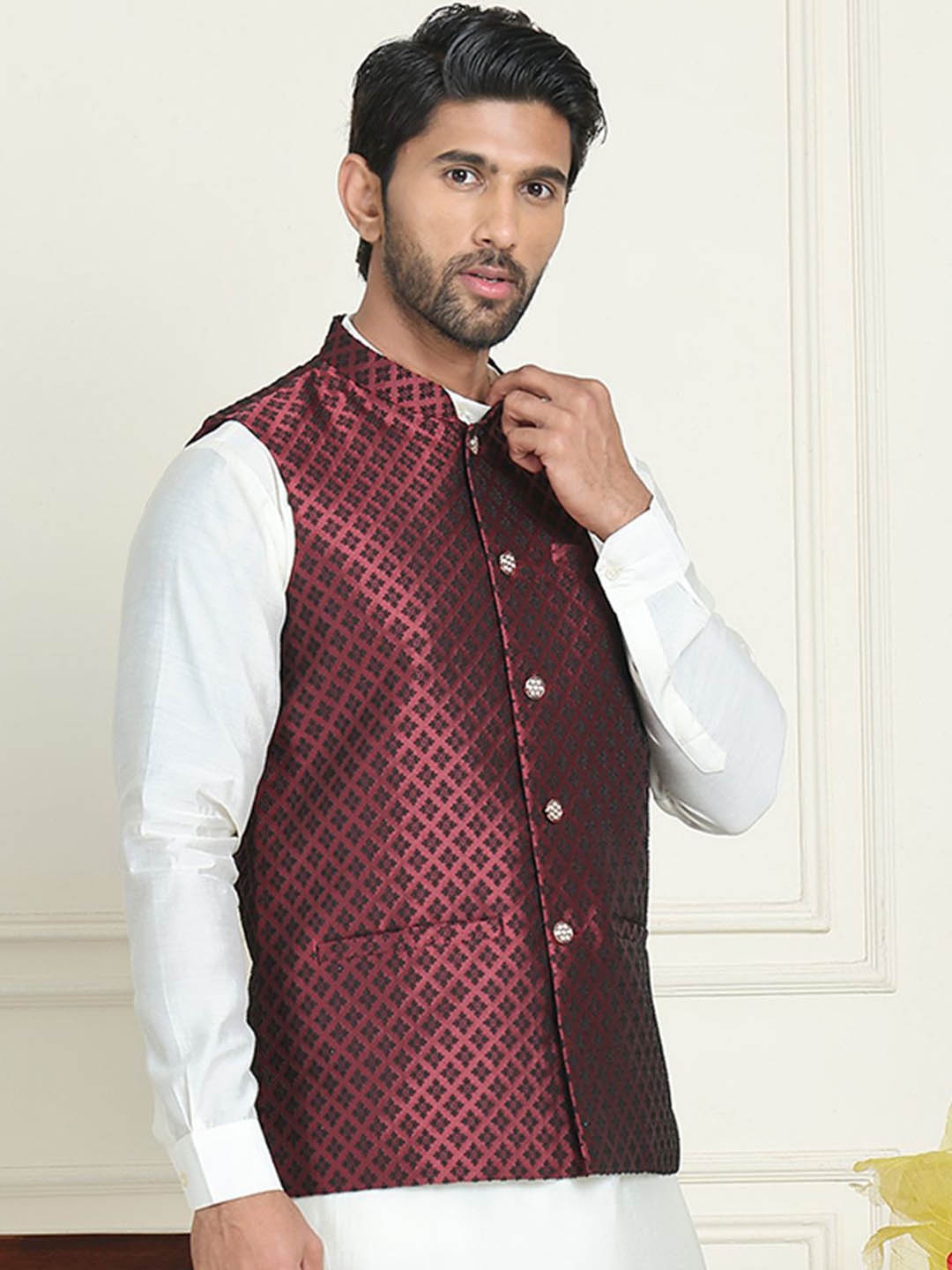 

Anouk Woven Design Mandarin Collar Neck Nehru Jacket, Maroon