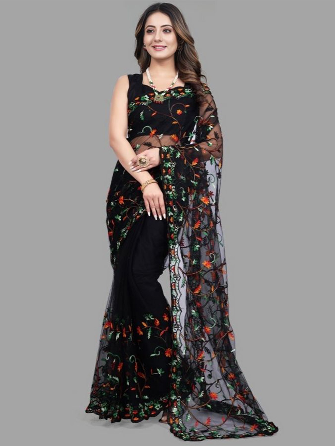 

A TO Z CART Embellished Embroidered Net Saree, Black