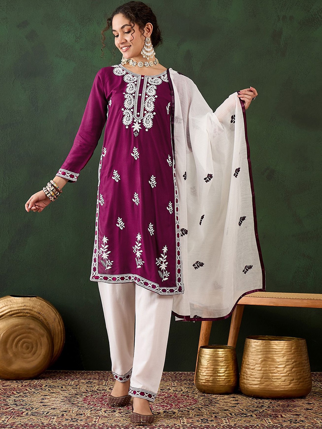 

HERE&NOW Floral Embroidered Straight Thread Work Kurta With Salwar And Dupatta, Purple