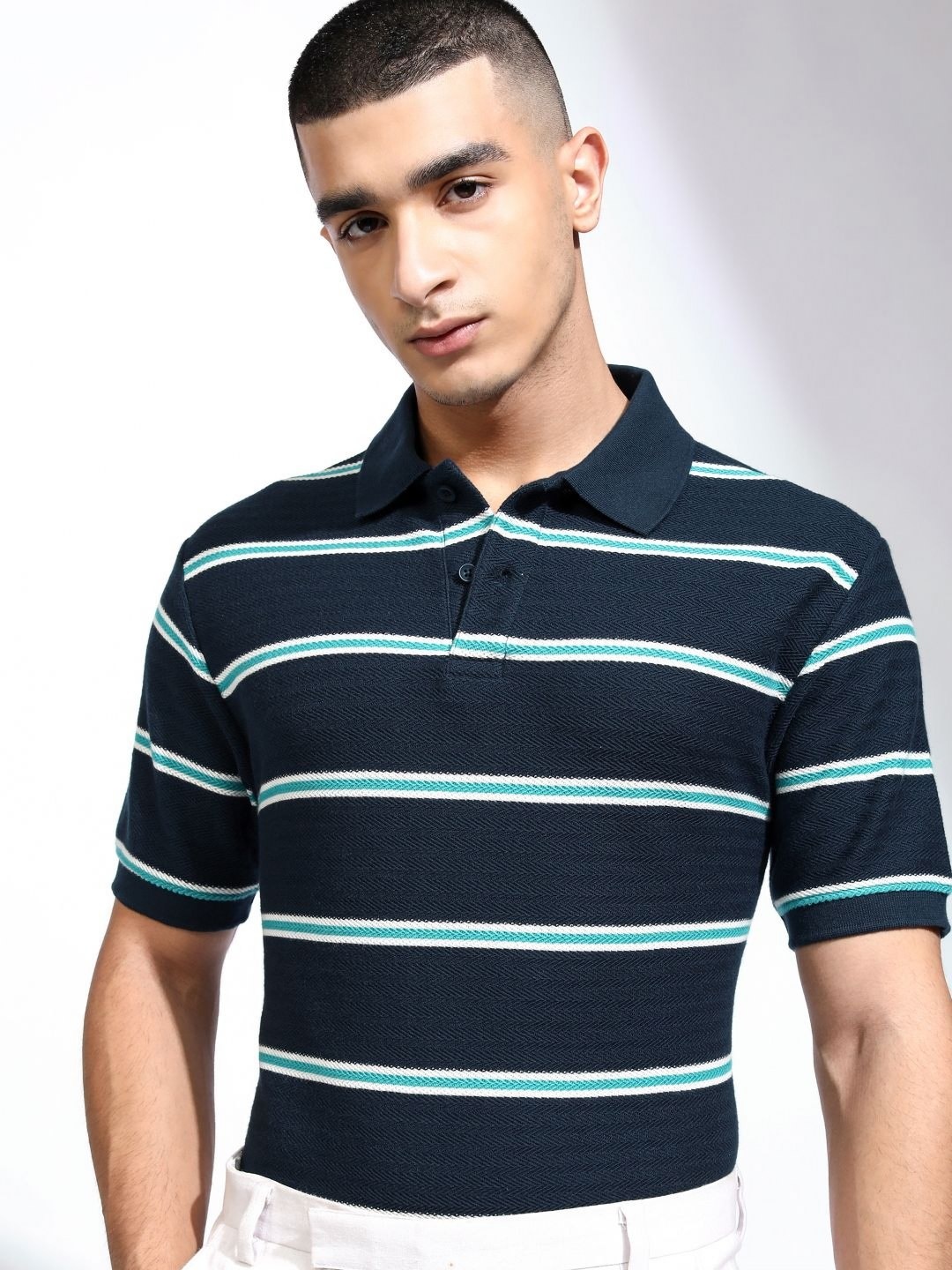 

HIGHLANDER Men Striped Polo Collar Relaxed T-shirt, Navy blue