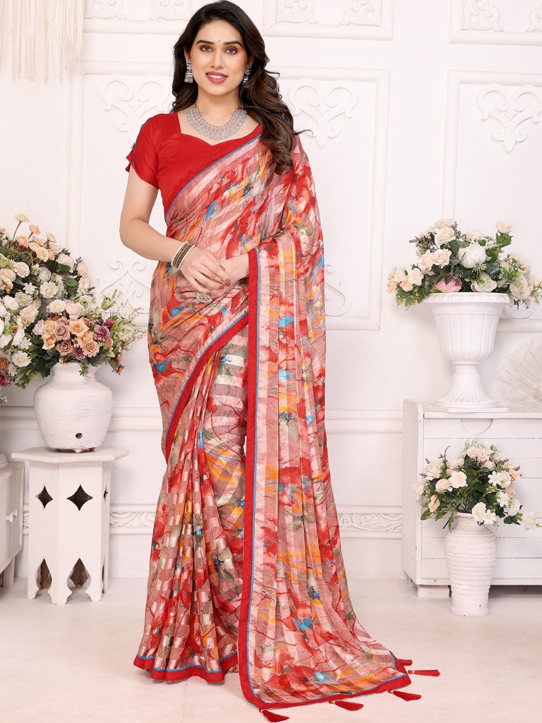 

KALINI Floral Printed Satin Saree, Red