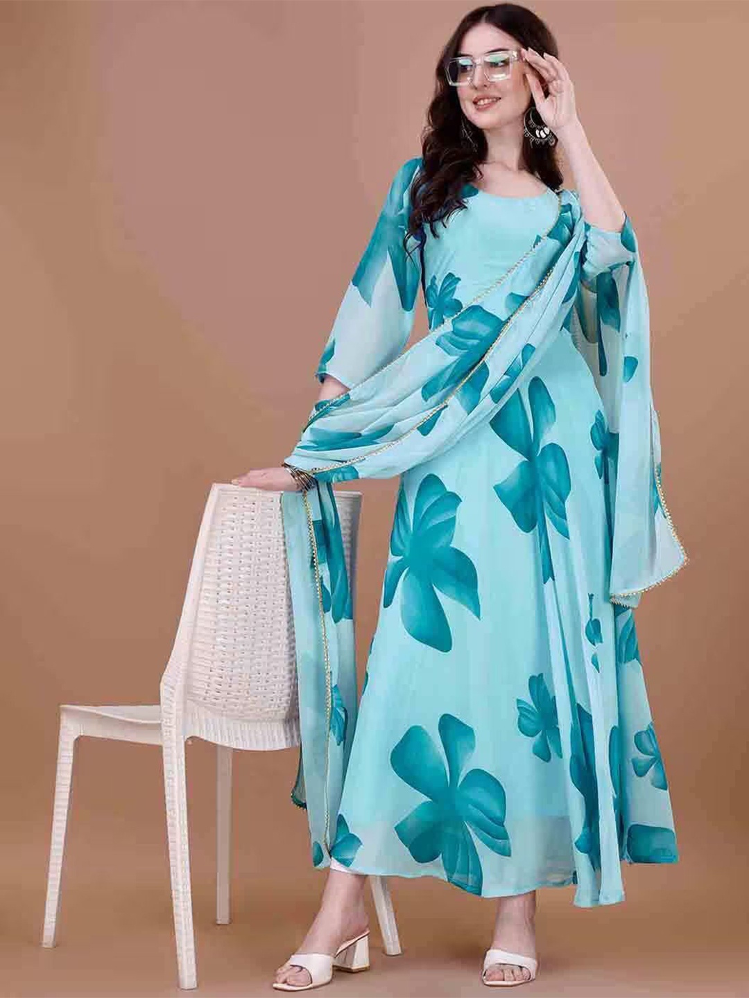 

Raiyani Fashion Floral Printed Maxi Ethnic Dress With Dupatta, Blue