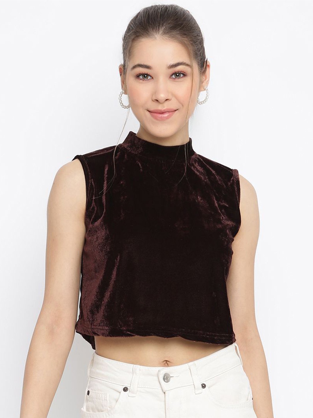 

DressBerry Women Solid High Neck Top, Coffee brown