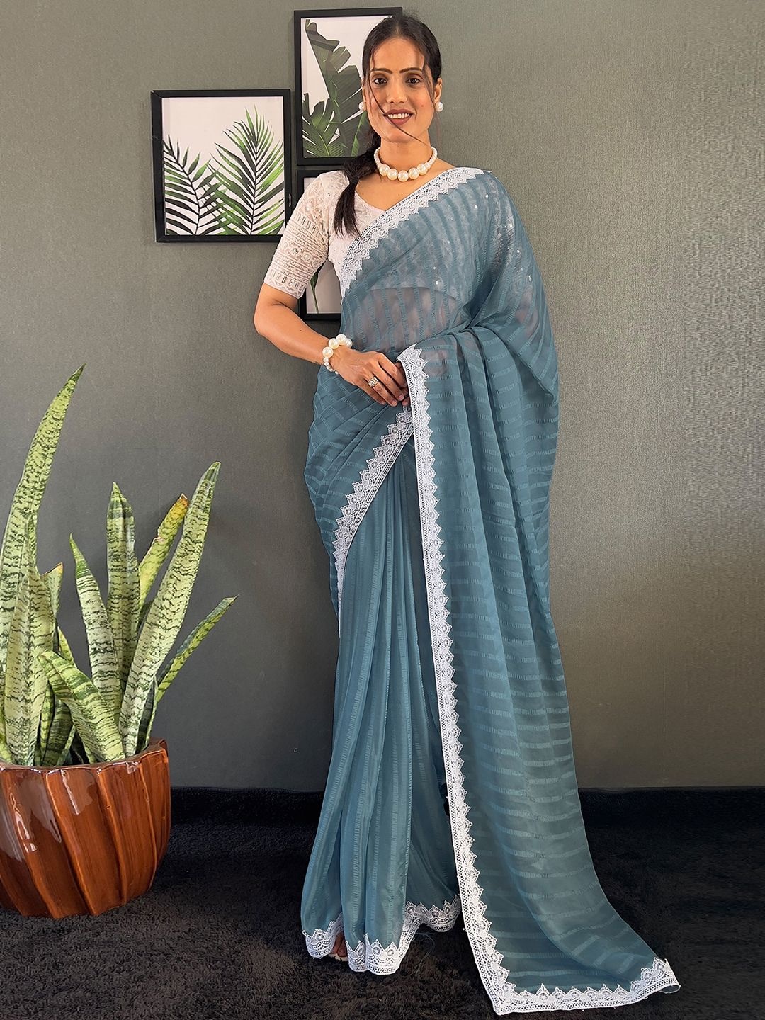 

Mitera Striped Sequinned Pure Chiffon Saree, Grey