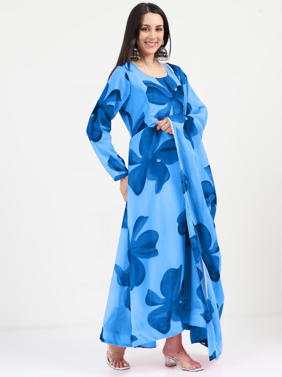 

Jash Creation Floral Printed Maxi Dress With Dupatta, Blue