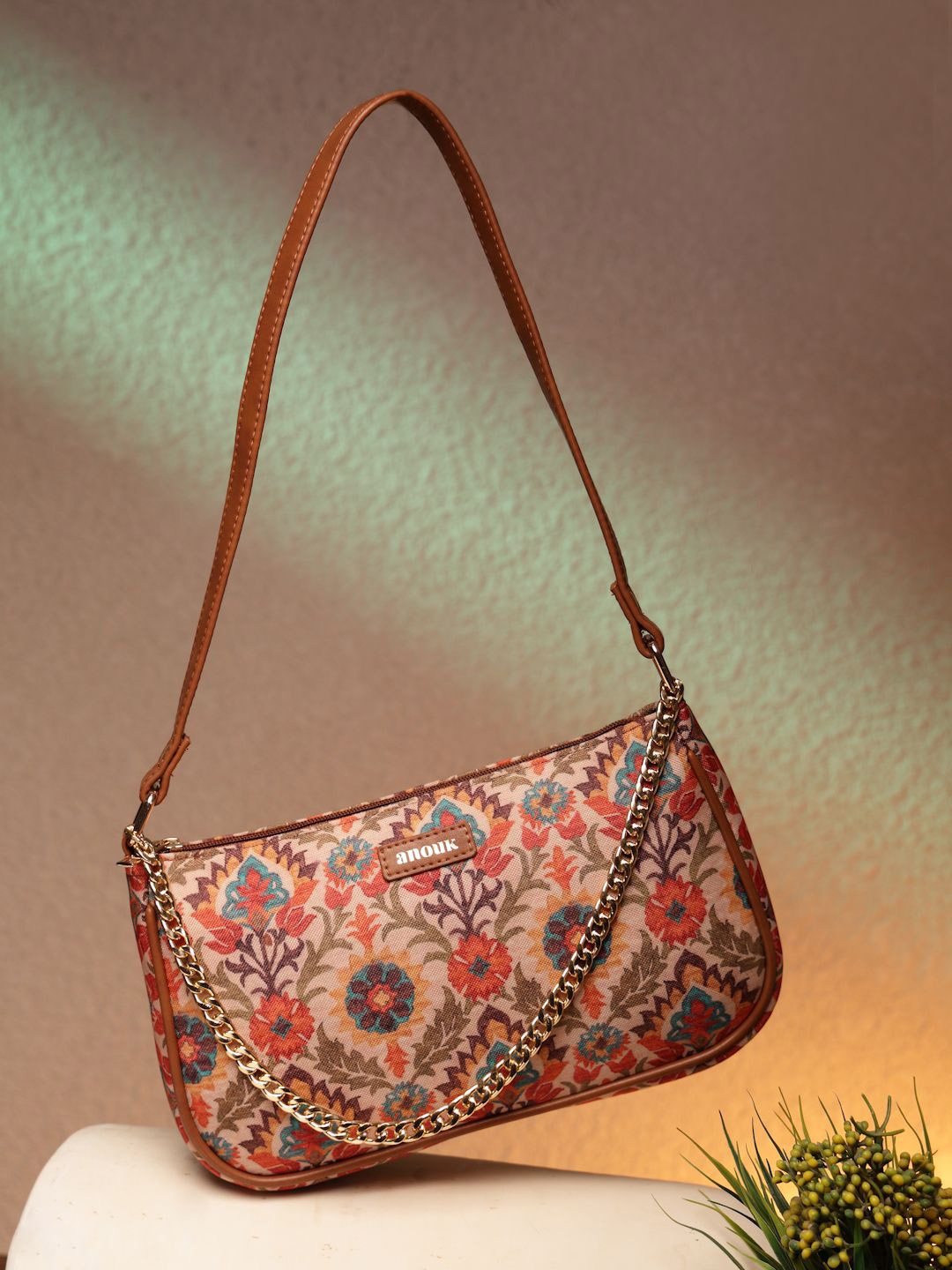 

Anouk Women Floral Printed Structured Handheld Bag, Beige