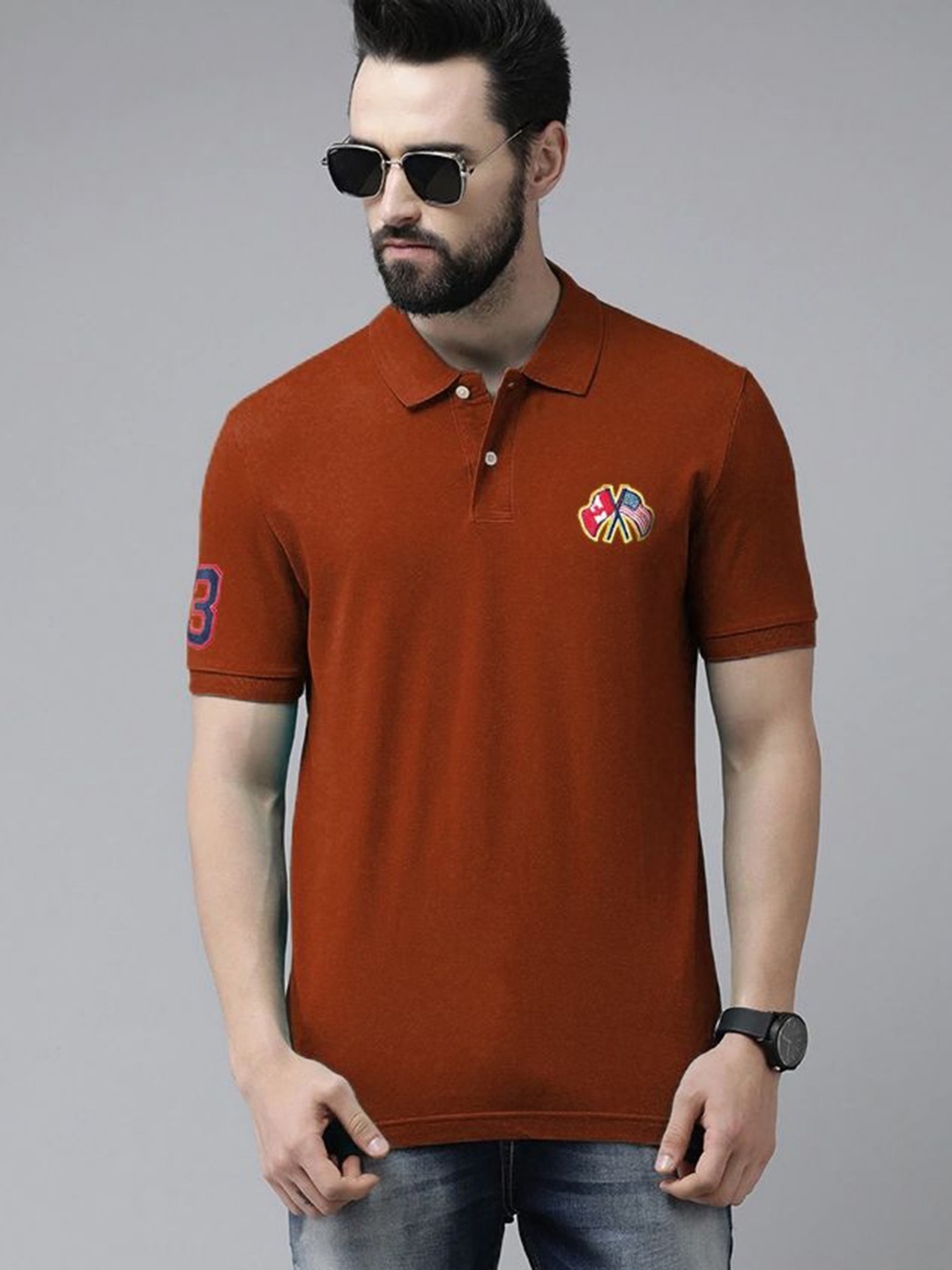 

MERRIMENT Men Solid Polo Collar Cotton T-shirt, Orange