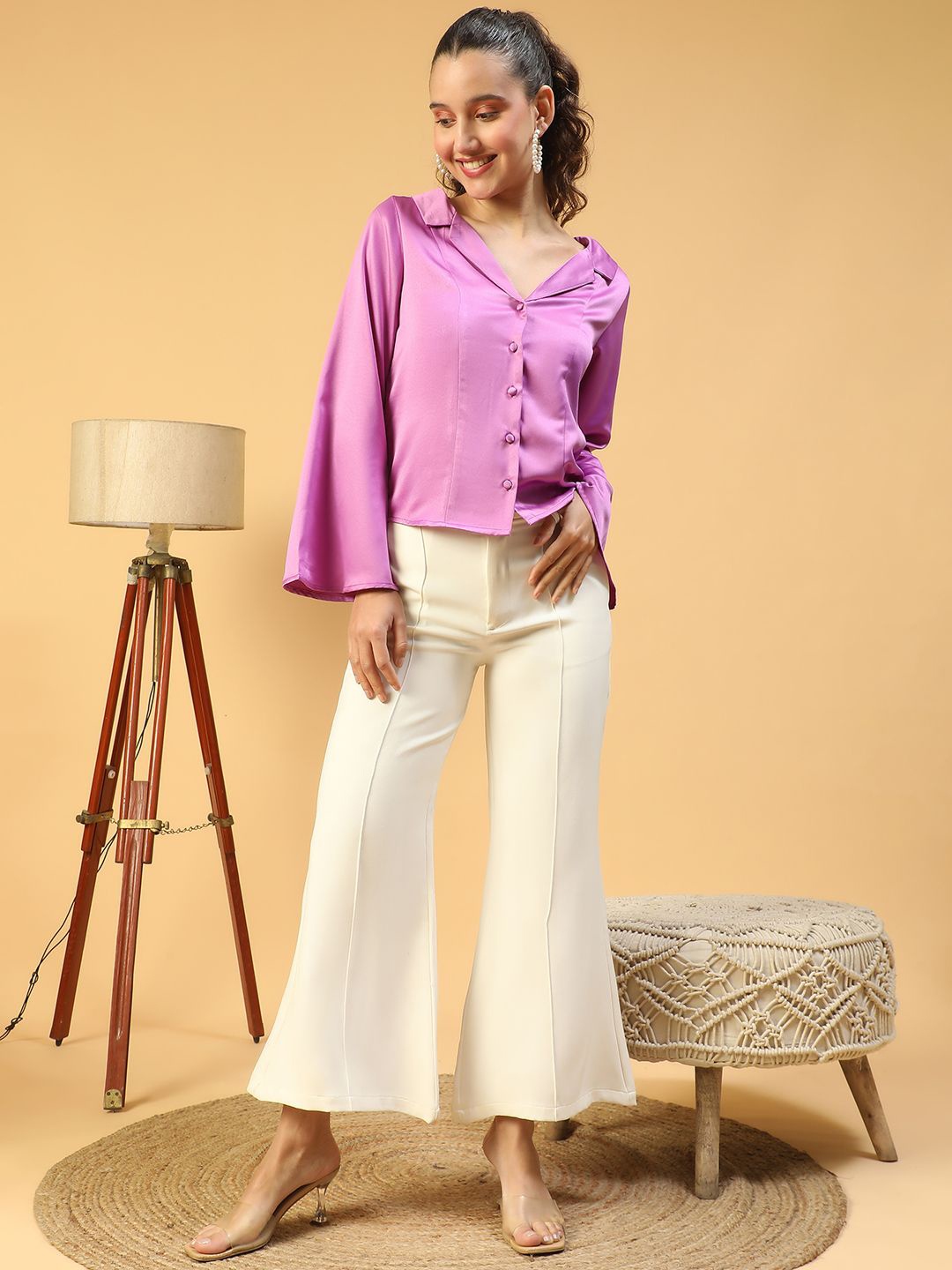

Oxolloxo Women Smart Fit Cuban Collar Solid Satin Casual Shirt, Pink